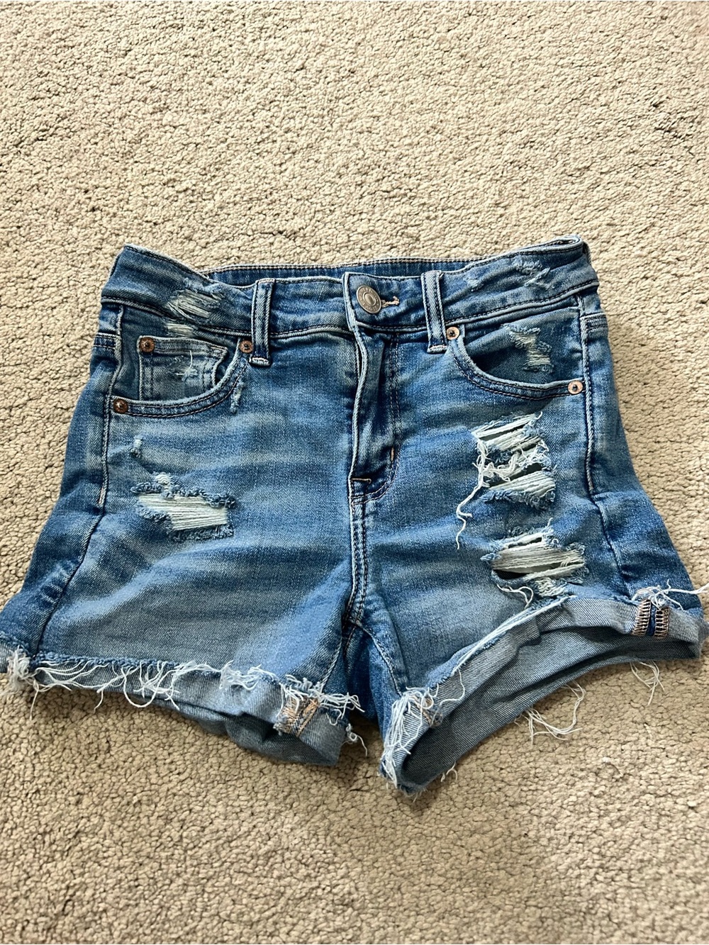 American Eagle Outfitters Distressed Denim Hi-Rise Shortie - Light Blue